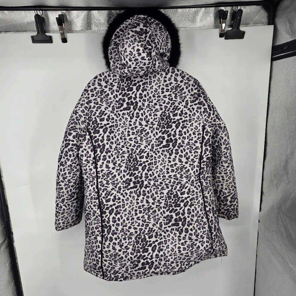 INTL DETAILS Leopard Puffer Coat Womens 1X Black Faux Fur Hood Winter Jacket - Picture 9 of 9